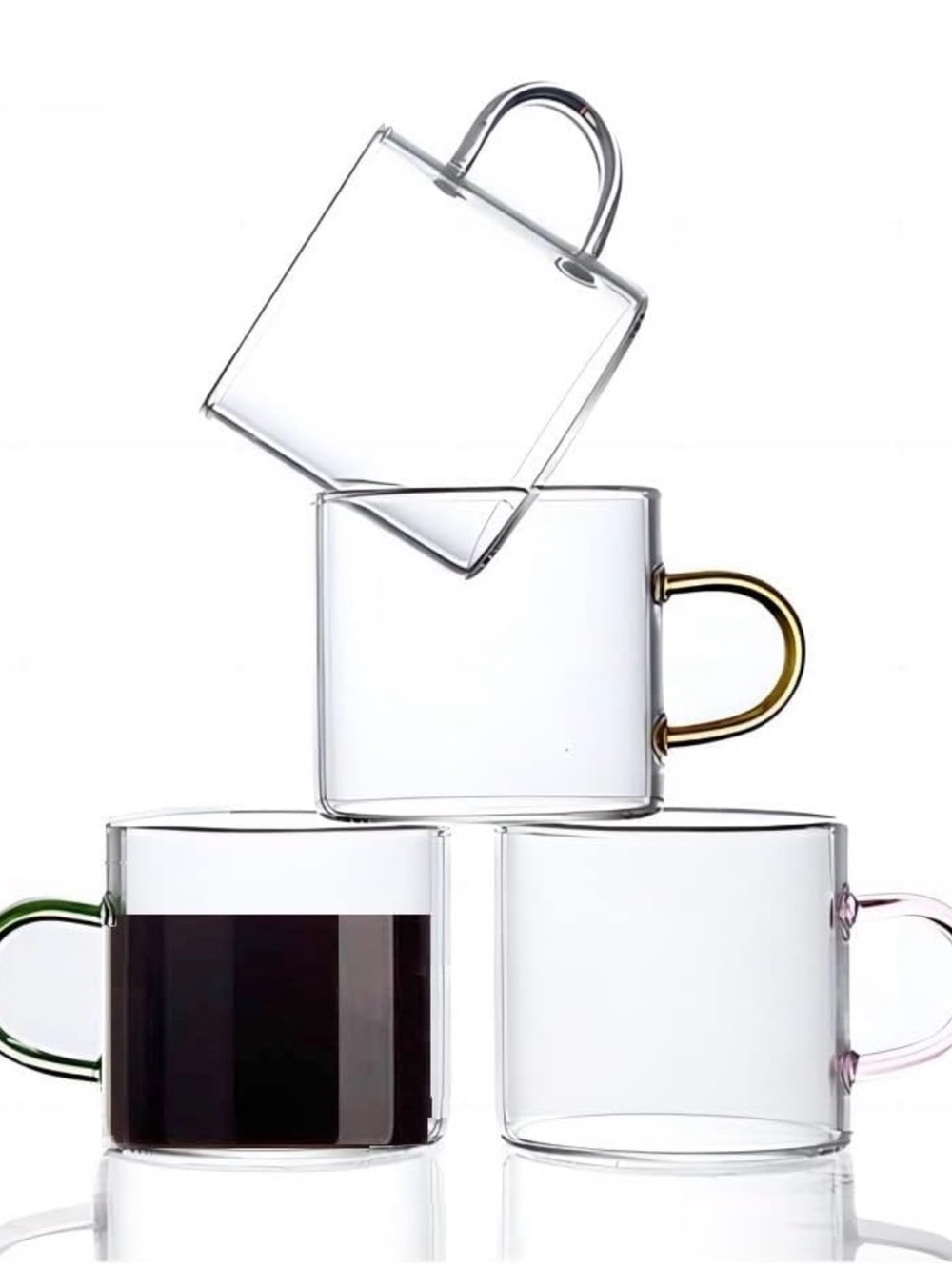 Glass Coffee Espresso Cup Mug Set of 4 with Colored Handles